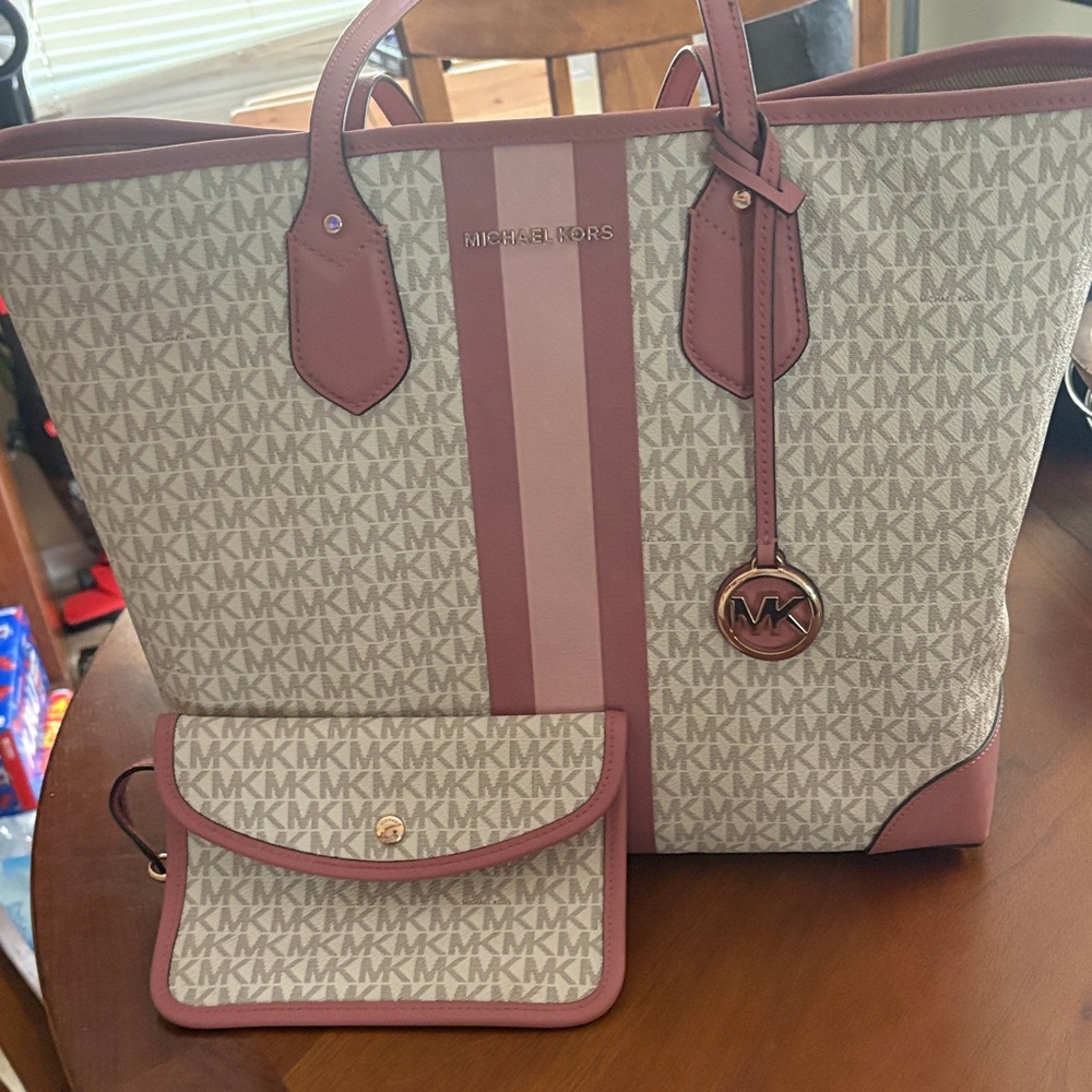 Michael Kors Beige & Pink Signature Stripe Tote with Pouch